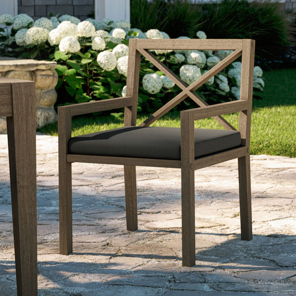 Modway Furniture Northlake Solid Teak Cross-back Outdoor Dining Armchair with All-weather Cushion Weathered Gray Flint EEI-7253-WGR-FLI