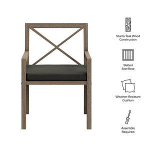 Modway Furniture Northlake Solid Teak Cross-back Outdoor Dining Armchair with All-weather Cushion Weathered Gray Flint EEI-7253-WGR-FLI