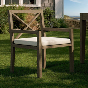 Modway Furniture Northlake Solid Teak Cross-back Outdoor Dining Armchair with All-weather Cushion Weathered Gray Pebble EEI-7253-WGR-PEB