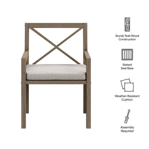 Modway Furniture Northlake Solid Teak Cross-back Outdoor Dining Armchair with All-weather Cushion Weathered Gray Pebble EEI-7253-WGR-PEB