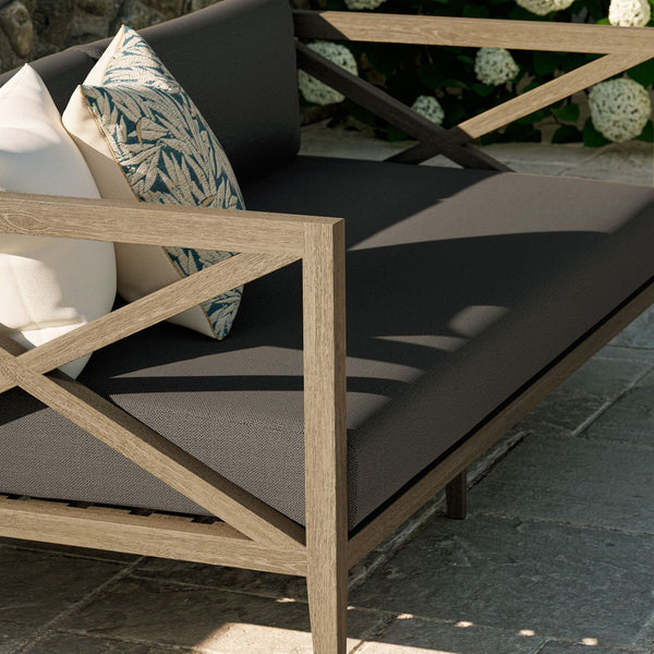 Modway Furniture Northlake Solid Teak Outdoor Loveseat with Cross-back Frame and Weather-resistant Cushions Weathered Gray Flint EEI-7254-WGR-FLI