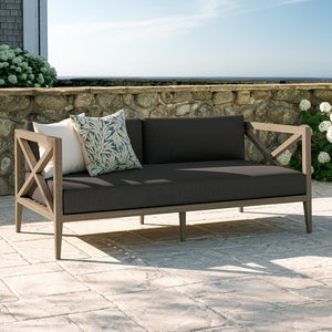 Modway Furniture Northlake Solid Teak Outdoor Loveseat with Cross-back Frame and Weather-resistant Cushions Weathered Gray Flint EEI-7254-WGR-FLI