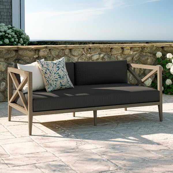 Modway Furniture Northlake Solid Teak Outdoor Loveseat with Cross-back Frame and Weather-resistant Cushions Weathered Gray Flint EEI-7254-WGR-FLI