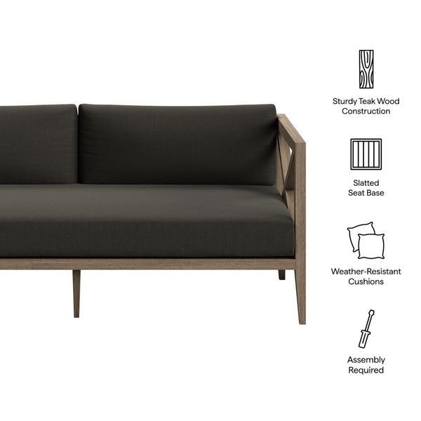 Modway Furniture Northlake Solid Teak Outdoor Loveseat with Cross-back Frame and Weather-resistant Cushions Weathered Gray Flint EEI-7254-WGR-FLI