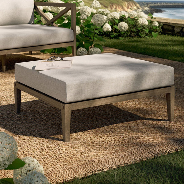 Modway Furniture Northlake Solid Teak Outdoor Ottoman with All Weather Cushion for Patio Lounging Weathered Gray Pebble EEI-7255-WGR-PEB