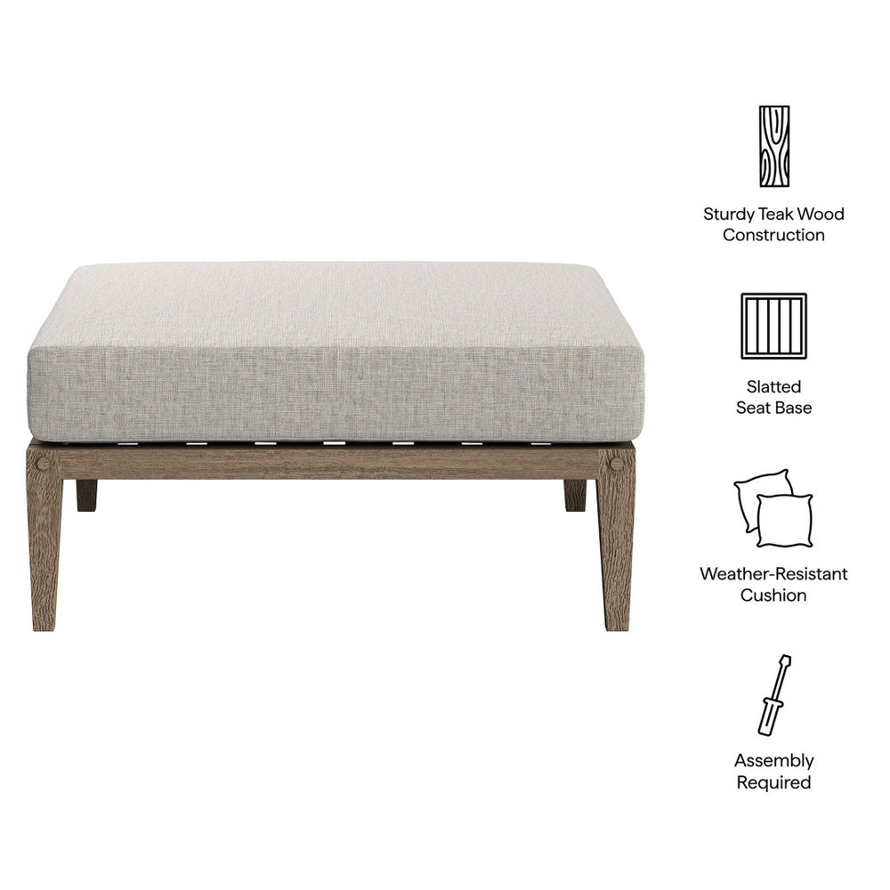 Modway Furniture Northlake Solid Teak Outdoor Ottoman with All Weather Cushion for Patio Lounging Weathered Gray Pebble EEI-7255-WGR-PEB