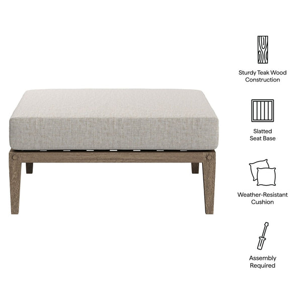 Modway Furniture Northlake Solid Teak Outdoor Ottoman with All Weather Cushion for Patio Lounging Weathered Gray Pebble EEI-7255-WGR-PEB
