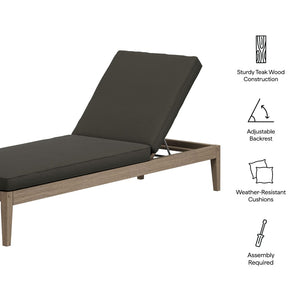 Modway Furniture Northlake Outdoor Solid Teak Slatted Chaise Lounge with Adjustable Backrest and Cushion Weathered Gray Flint EEI-7256-WGR-FLI