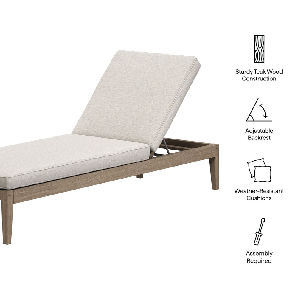Modway Furniture Northlake Outdoor Solid Teak Slatted Chaise Lounge with Adjustable Backrest and Cushion Weathered Gray Pebble EEI-7256-WGR-PEB
