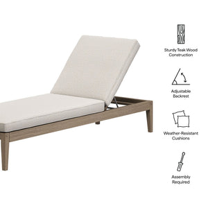 Modway Furniture Northlake Outdoor Solid Teak Slatted Chaise Lounge with Adjustable Backrest and Cushion Weathered Gray Pebble EEI-7256-WGR-PEB