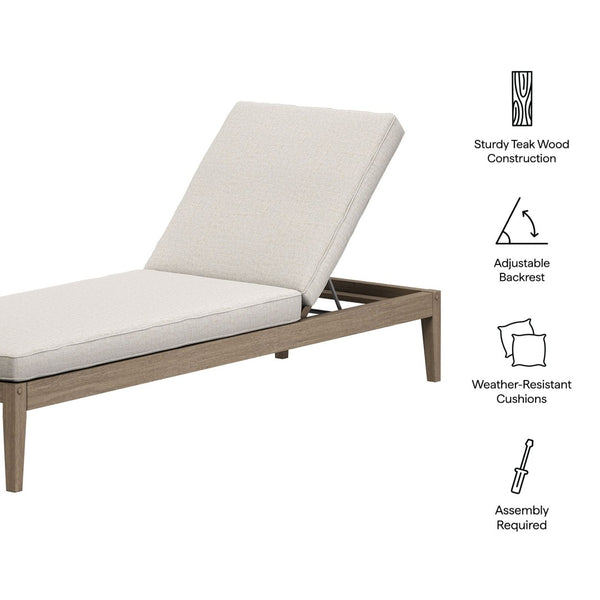 Modway Furniture Northlake Outdoor Solid Teak Slatted Chaise Lounge with Adjustable Backrest and Cushion Weathered Gray Pebble EEI-7256-WGR-PEB