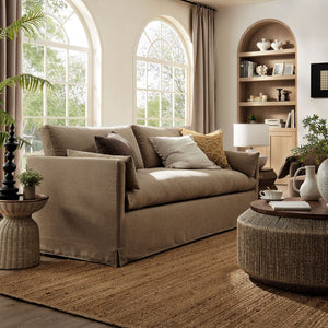 Modway Furniture Wellfleet Slipcovered Sofa with Down Blend Cushion French Piping and Sinuous Spring Support Almond EEI-7260-ALM