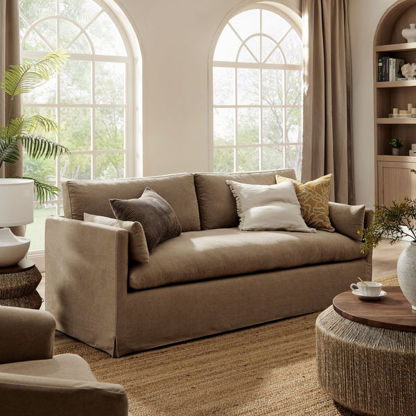 Modway Furniture Wellfleet Slipcovered Sofa with Down Blend Cushion French Piping and Sinuous Spring Support Almond EEI-7260-ALM