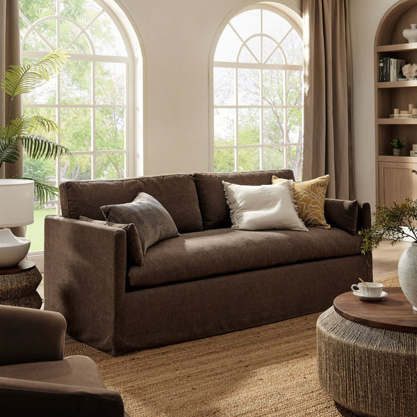 Modway Furniture Wellfleet Slipcovered Sofa with Down Blend Cushion French Piping and Sinuous Spring Support Cocoa EEI-7260-COA