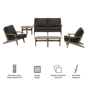 Modway Furniture Saratoga Solid Teak 5 Piece Outdoor Lounge Set with Angular Modern Frame Weathered Gray Flint EEI-7265-WGR-FLI