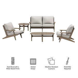 Modway Furniture Saratoga Solid Teak 5 Piece Outdoor Lounge Set with Angular Modern Frame Weathered Gray Pebble EEI-7265-WGR-PEB