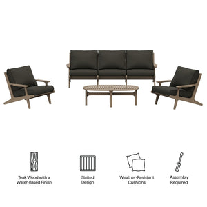 Modway Furniture Saratoga Solid Teak Outdoor Sofa Set with Angular Frames and Slatted Coffee Table Weathered Gray Flint EEI-7266-WGR-FLI