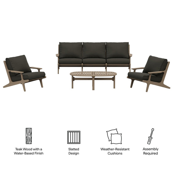 Modway Furniture Saratoga Solid Teak Outdoor Sofa Set with Angular Frames and Slatted Coffee Table Weathered Gray Flint EEI-7266-WGR-FLI
