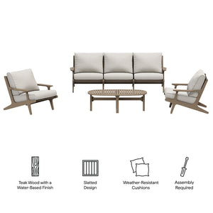 Modway Furniture Saratoga Solid Teak Outdoor Sofa Set with Angular Frames and Slatted Coffee Table Weathered Gray Pebble EEI-7266-WGR-PEB