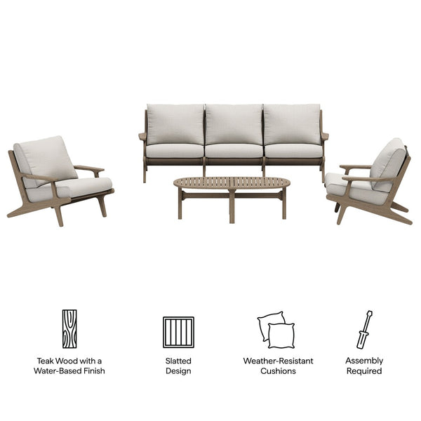 Modway Furniture Saratoga Solid Teak Outdoor Sofa Set with Angular Frames and Slatted Coffee Table Weathered Gray Pebble EEI-7266-WGR-PEB