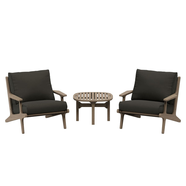 Modway Furniture Saratoga Solid Teak Outdoor Lounge Set Two Chairs and Side Table Patio Seating Weathered Gray Flint EEI-7267-WGR-FLI