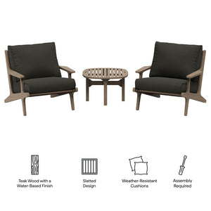 Modway Furniture Saratoga Solid Teak Outdoor Lounge Set Two Chairs and Side Table Patio Seating Weathered Gray Flint EEI-7267-WGR-FLI