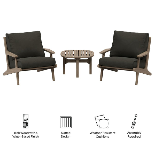 Modway Furniture Saratoga Solid Teak Outdoor Lounge Set Two Chairs and Side Table Patio Seating Weathered Gray Flint EEI-7267-WGR-FLI