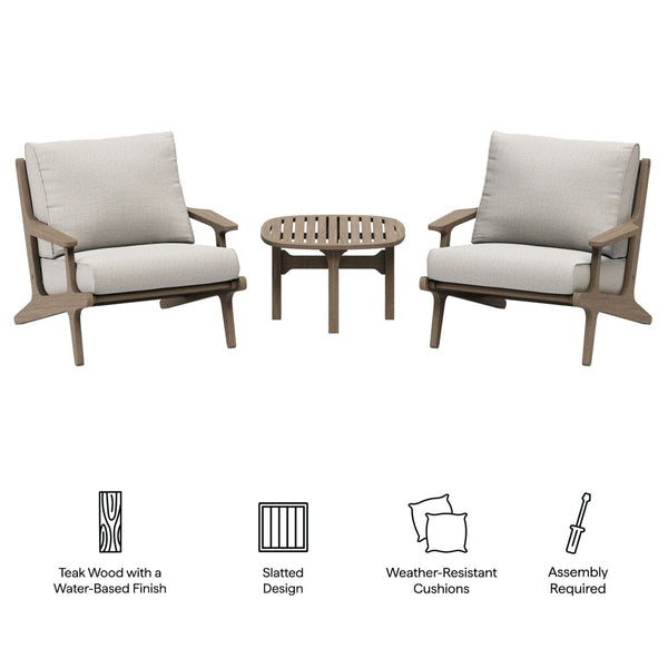 Modway Furniture Saratoga Solid Teak Outdoor Lounge Set Two Chairs and Side Table Patio Seating Weathered Gray Pebble EEI-7267-WGR-PEB