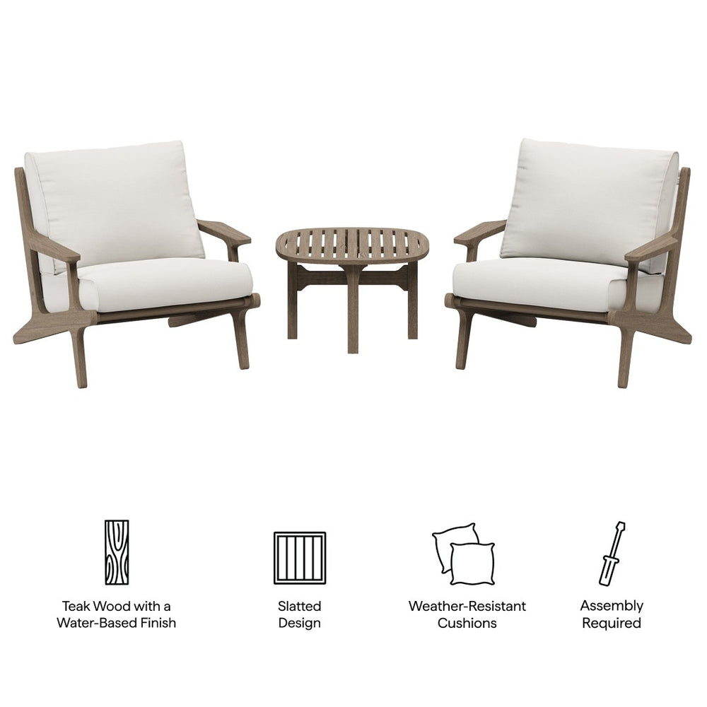 Modway Furniture Saratoga 3-Piece Teak Wood Outdoor Lounge Set with Cushions & Side Table - Weather Resistant Design EEI-7267-WGR-WHI