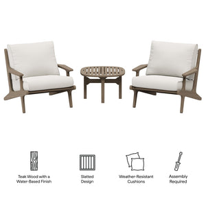 Modway Furniture Saratoga 3-Piece Teak Wood Outdoor Lounge Set with Cushions & Side Table - Weather Resistant Design EEI-7267-WGR-WHI