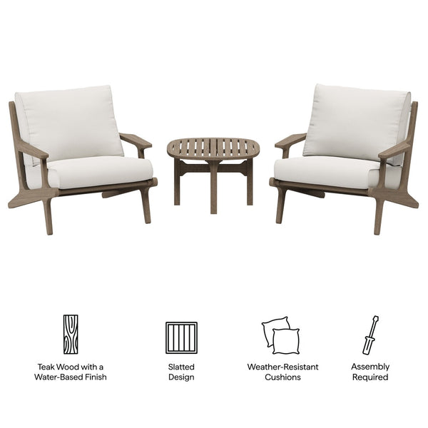 Modway Furniture Saratoga 3-Piece Teak Wood Outdoor Lounge Set with Cushions & Side Table - Weather Resistant Design EEI-7267-WGR-WHI