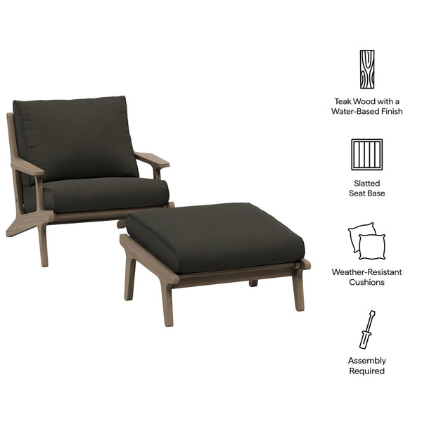 Modway Furniture Saratoga Solid Teak Outdoor Lounge Chair with Ottoman Slatted Patio Seating Set Weathered Gray Flint EEI-7268-WGR-FLI