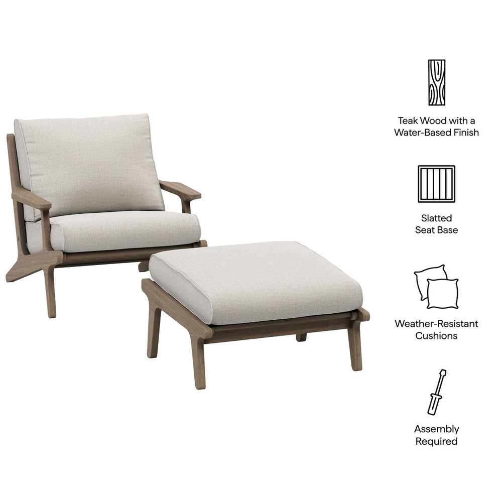Modway Furniture Saratoga Solid Teak Outdoor Lounge Chair with Ottoman Slatted Patio Seating Set Weathered Gray Pebble EEI-7268-WGR-PEB