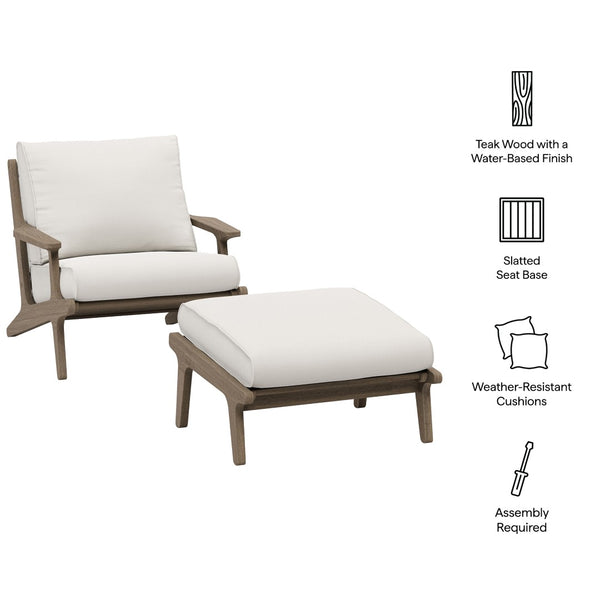Modway Furniture Saratoga Outdoor Teak Wood Chair & Ottoman Set - Stylish Weather-Resistant Seating for Patios EEI-7268-WGR-WHI