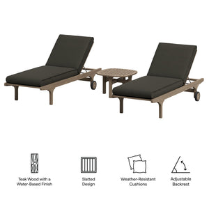 Modway Furniture Saratoga Solid Teak Outdoor Chaise Set with Slatted Side Table for Patio Poolside Weathered Gray Flint EEI-7269-WGR-FLI