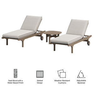 Modway Furniture Saratoga Solid Teak Outdoor Chaise Set with Slatted Side Table for Patio Poolside Weathered Gray Pebble EEI-7269-WGR-PEB
