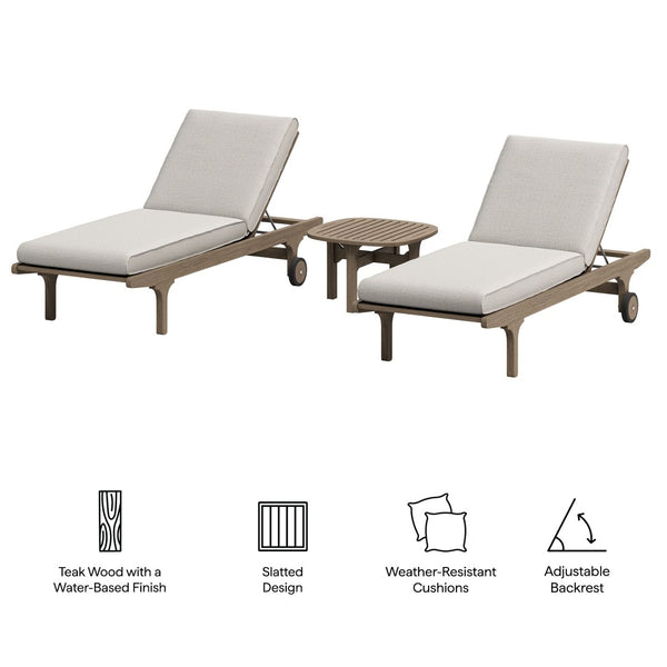 Modway Furniture Saratoga Solid Teak Outdoor Chaise Set with Slatted Side Table for Patio Poolside Weathered Gray Pebble EEI-7269-WGR-PEB