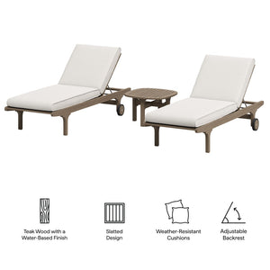 Modway Furniture Saratoga Outdoor Teak Wood 3-Piece Chaise Lounge Set - Ergonomic, Adjustable & Stylish for Patios EEI-7269-WGR-WHI