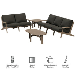 Modway Furniture Saratoga Solid Teak Outdoor Lounge Set with Weather Resistant Cushions for Patio Living Weathered Gray Flint EEI-7270-WGR-FLI