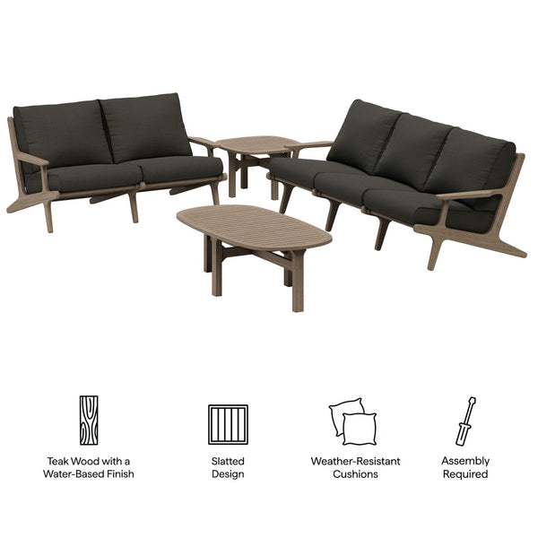 Modway Furniture Saratoga Solid Teak Outdoor Lounge Set with Weather Resistant Cushions for Patio Living Weathered Gray Flint EEI-7270-WGR-FLI
