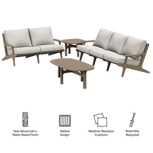 Modway Furniture Saratoga Solid Teak Outdoor Lounge Set with Weather Resistant Cushions for Patio Living Weathered Gray Pebble EEI-7270-WGR-PEB