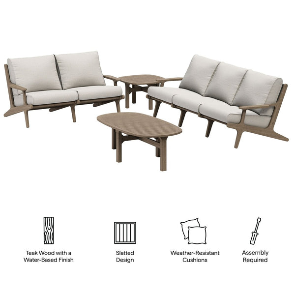 Modway Furniture Saratoga Solid Teak Outdoor Lounge Set with Weather Resistant Cushions for Patio Living Weathered Gray Pebble EEI-7270-WGR-PEB