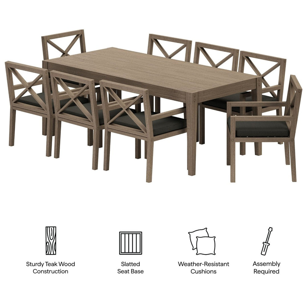 Modway Furniture Northlake Solid Teak Outdoor Dining Set Seats Eight with Cross-back Armchairs Weathered Gray Flint EEI-7271-WGR-FLI