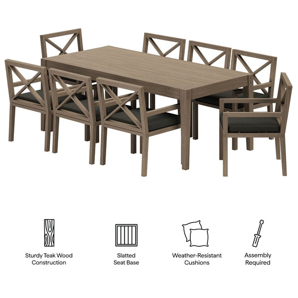 Modway Furniture Northlake Solid Teak Outdoor Dining Set Seats Eight with Cross-back Armchairs Weathered Gray Flint EEI-7271-WGR-FLI
