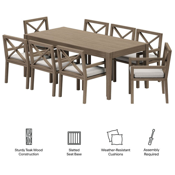 Modway Furniture Northlake Solid Teak Outdoor Dining Set Seats Eight with Cross-back Armchairs Weathered Gray Pebble EEI-7271-WGR-PEB