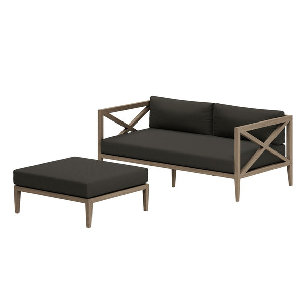 Modway Furniture Northlake Solid Teak Outdoor Loveseat Ottoman Set with All Weather Cushions Weathered Gray Flint EEI-7273-WGR-FLI