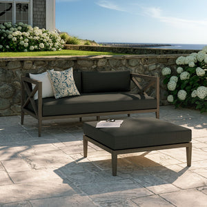 Modway Furniture Northlake Solid Teak Outdoor Loveseat Ottoman Set with All Weather Cushions Weathered Gray Flint EEI-7273-WGR-FLI