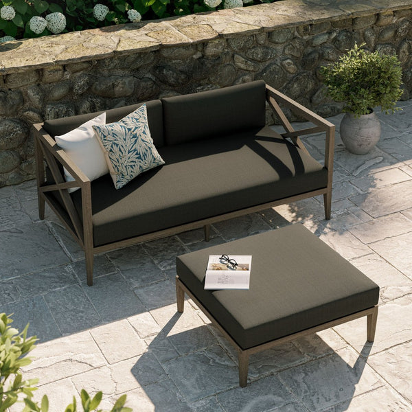 Modway Furniture Northlake Solid Teak Outdoor Loveseat Ottoman Set with All Weather Cushions Weathered Gray Flint EEI-7273-WGR-FLI