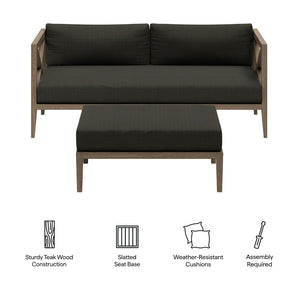 Modway Furniture Northlake Solid Teak Outdoor Loveseat Ottoman Set with All Weather Cushions Weathered Gray Flint EEI-7273-WGR-FLI