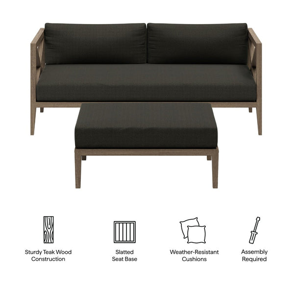 Modway Furniture Northlake Solid Teak Outdoor Loveseat Ottoman Set with All Weather Cushions Weathered Gray Flint EEI-7273-WGR-FLI